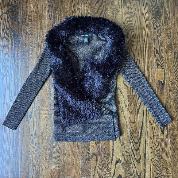 Lauren Michelle Metallic Silver Faux Fur Open Front Sweater Jacket Dressy Sz S - Picture 1 of 6